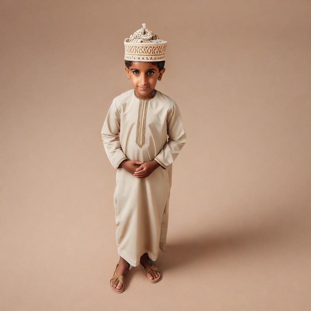  a flat lay photography of omani boy :: Wes Anderson color palette, studio lighting, low contrast, 8k --ar 4:5 --q 2
