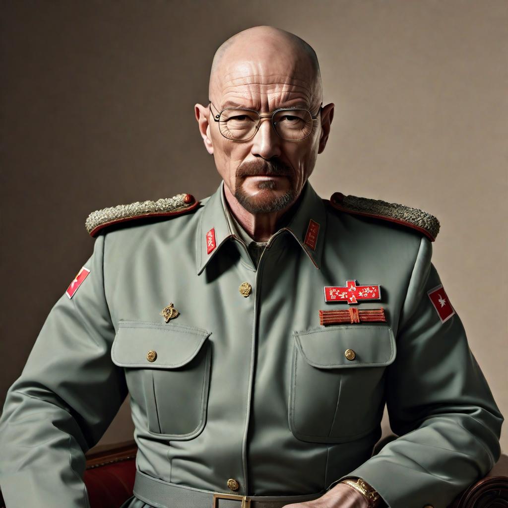  Create an image of Walter White from the TV series "Breaking Bad" dressed in a North Korean army general's uniform, complete with a large general's hat. He should be easily recognizable with his bald head and glasses, and the image should have a realistic North Korean military aesthetic, with possible elements like military decorations and insignia that reflect his high rank in the Democratic People's Republic of Korea. hyperrealistic, full body, detailed clothing, highly detailed, cinematic lighting, stunningly beautiful, intricate, sharp focus, f/1. 8, 85mm, (centered image composition), (professionally color graded), ((bright soft diffused light)), volumetric fog, trending on instagram, trending on tumblr, HDR 4K, 8K