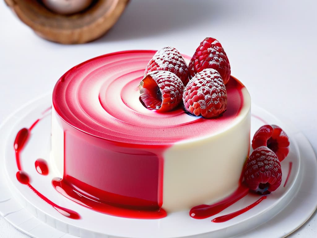  A closeup, highresolution image of a vibrant raspberry gel swirl elegantly drizzled over a creamy vanilla panna cotta. The glossy, deep red gel contrasts beautifully with the smooth, pale dessert surface, showcasing a perfect balance of colors and textures. The intricate details of the gel's swirl pattern and the creamy panna cotta create a visually striking and appetizing composition, highlighting the luxurious and creative use of gels in dessert making. hyperrealistic, full body, detailed clothing, highly detailed, cinematic lighting, stunningly beautiful, intricate, sharp focus, f/1. 8, 85mm, (centered image composition), (professionally color graded), ((bright soft diffused light)), volumetric fog, trending on instagram, trending on tumblr, HDR 4K, 8K