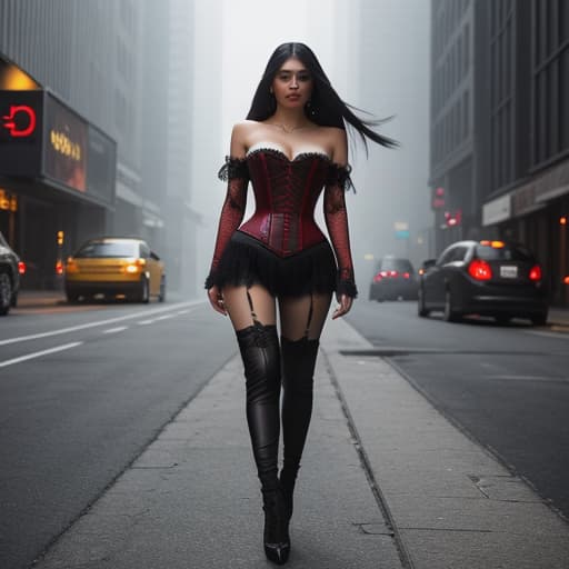  /send imageIn this dynamic scene, Bihter finds herself dressed in a bold and stunning red corset, flaunting her figure with sheer confidence. Its intricate details of laces, ribbons and bows adds a feminine touch to her otherwise daring look. The outfit is paired with form-fitting black leather pants that accentuates her legs beautifully. She stands atop a gritty urban landscape under the dim yellow lights of a city street, giving off an intense vibe as she gazes fiercely ahead. Her silky long raven hair flows down gracefully against her back while the gentle breeze brushes through it elegantly, making each strand dance around her shoulders seductively. A haze of smoky atmosphere lingers around her figure adding depth to the sensual ambienc hyperrealistic, full body, detailed clothing, highly detailed, cinematic lighting, stunningly beautiful, intricate, sharp focus, f/1. 8, 85mm, (centered image composition), (professionally color graded), ((bright soft diffused light)), volumetric fog, trending on instagram, trending on tumblr, HDR 4K, 8K