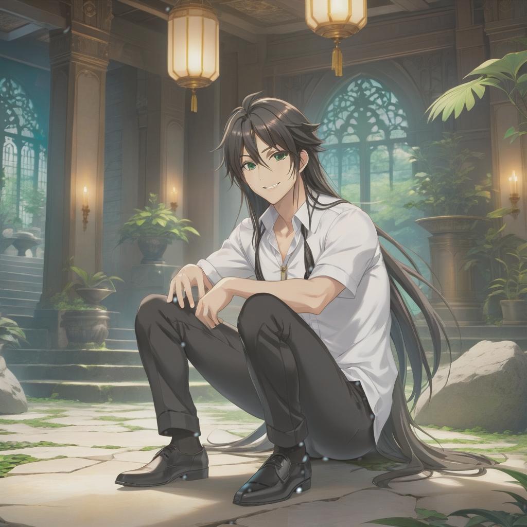  anime artwork A man with long hair, wearing a white shirt and black pants, smiling, sitting on a stone floor, in front of a room with a fantasy style interior, in cold tones, with a lot of green. . anime style, key visual, vibrant, studio anime, highly detailed hyperrealistic, full body, detailed clothing, highly detailed, cinematic lighting, stunningly beautiful, intricate, sharp focus, f/1. 8, 85mm, (centered image composition), (professionally color graded), ((bright soft diffused light)), volumetric fog, trending on instagram, trending on tumblr, HDR 4K, 8K