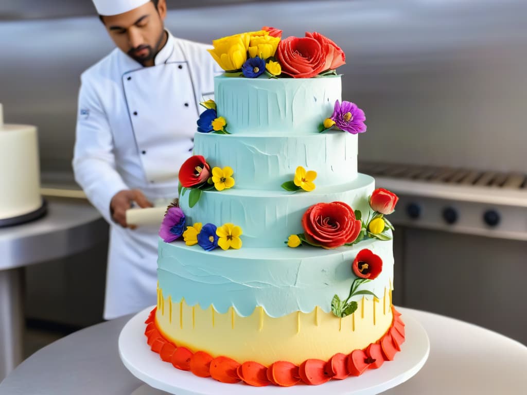  An ultradetailed image of a professional pastry chef meticulously decorating a multitiered wedding cake with intricate floral designs using a piping bag. The chef is focused and precise, with various colorful icings and edible flowers neatly arranged on a nearby table. The kitchen is filled with natural light, highlighting the chef's skill and the artistry of the cake decoration process. hyperrealistic, full body, detailed clothing, highly detailed, cinematic lighting, stunningly beautiful, intricate, sharp focus, f/1. 8, 85mm, (centered image composition), (professionally color graded), ((bright soft diffused light)), volumetric fog, trending on instagram, trending on tumblr, HDR 4K, 8K