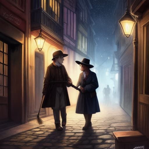  watercolor, storybook, child-book, Young boy helping an elderly woman cross the street, holding a red broom in one hand and the woman's arm in the other, night background with yellow stars., best quality, very detailed, high resolution, sharp, sharp image hyperrealistic, full body, detailed clothing, highly detailed, cinematic lighting, stunningly beautiful, intricate, sharp focus, f/1. 8, 85mm, (centered image composition), (professionally color graded), ((bright soft diffused light)), volumetric fog, trending on instagram, trending on tumblr, HDR 4K, 8K
