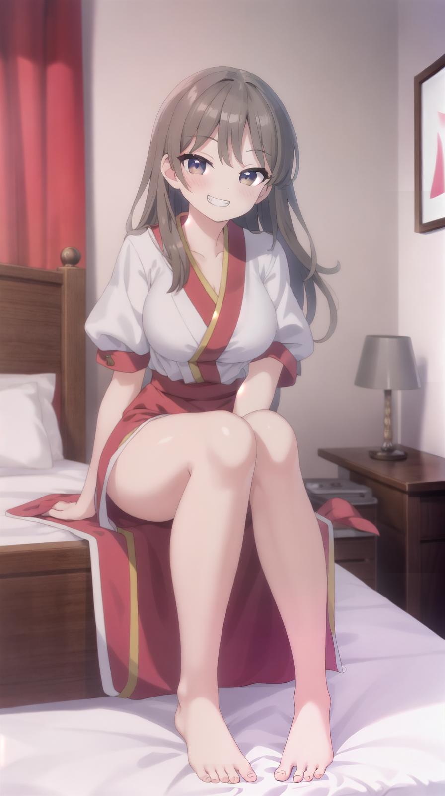  master piece , best quality,best quality ,, trembling with ual , face , grin smug, , line, full body, sagging s ,bed sit astride , oil, large , 東方project(博麗霊夢)