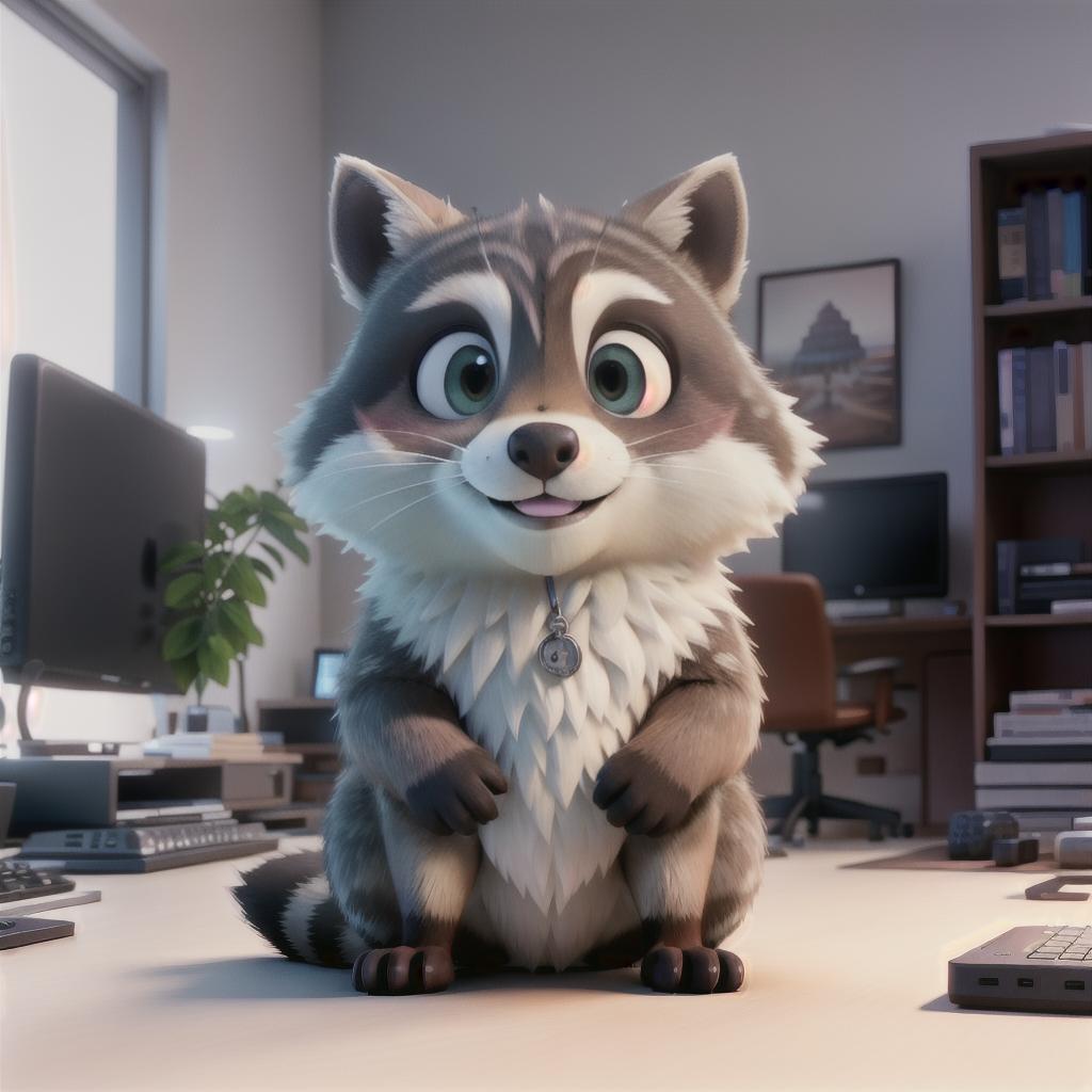  raccoon sitting in gaming chair front a computer on desktop, ((semi anthropomorphic)),(full body), tail, belly, sitting, fat, (chubby), (((white background))), solo, desktop, gaming chair, side view,  [[[clothes]]] hyperrealistic, full body, detailed clothing, highly detailed, cinematic lighting, stunningly beautiful, intricate, sharp focus, f/1. 8, 85mm, (centered image composition), (professionally color graded), ((bright soft diffused light)), volumetric fog, trending on instagram, trending on tumblr, HDR 4K, 8K