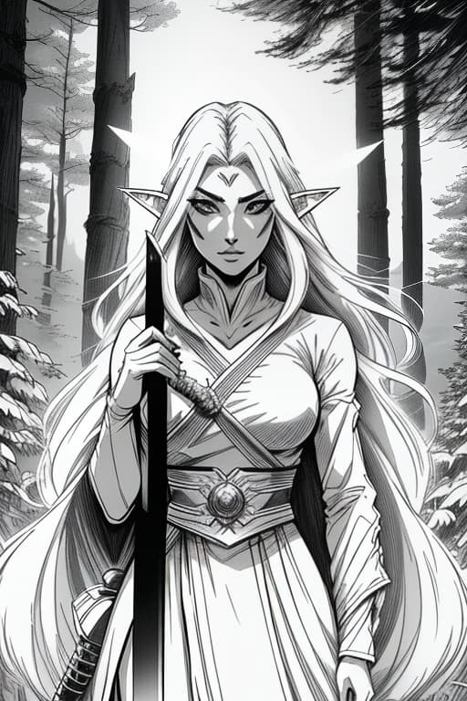  A girl, an elf, with long white hair, black eyes, a small black mark on her forehead, stands in the forest and holds a sword, staring seriously., Sketch, Manga Sketch, Pencil drawing, Black and White, Manga, Manga style, Low detail, Line art, vector art, Monochromatic, by katsuhiro otomo and masamune shirow and studio ghilibi and yukito kishiro hyperrealistic, full body, detailed clothing, highly detailed, cinematic lighting, stunningly beautiful, intricate, sharp focus, f/1. 8, 85mm, (centered image composition), (professionally color graded), ((bright soft diffused light)), volumetric fog, trending on instagram, trending on tumblr, HDR 4K, 8K