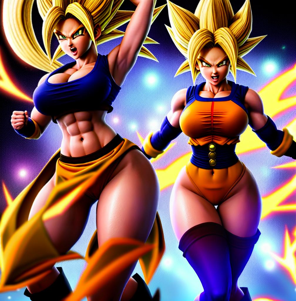  ((foto de cuerpo completo, pie plano, cuerpo recto)), ((laura {Super Super Saiyan mujer con grandes pechos})), ((lleva puesto son goku+Los disfraces de ella son extremadamente ajustados a su cuerpo.))