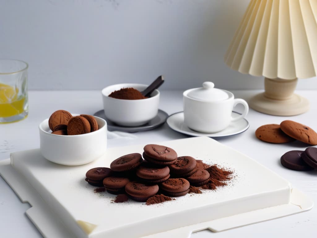  A highresolution, minimalist image of a pristine white marble countertop with a set of elegant, vintage Italian espresso cups and saucers arranged neatly next to a small dish of cocoa powder, a stack of imported ladyfinger cookies, a bowl of fluffy mascarpone cheese, and a vintage silver whisk. The image captures the essence of classic Italian dessert preparation, exuding sophistication and authenticity. hyperrealistic, full body, detailed clothing, highly detailed, cinematic lighting, stunningly beautiful, intricate, sharp focus, f/1. 8, 85mm, (centered image composition), (professionally color graded), ((bright soft diffused light)), volumetric fog, trending on instagram, trending on tumblr, HDR 4K, 8K