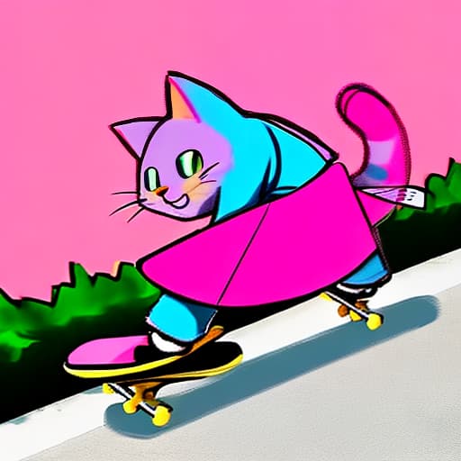  A cartoon cat skateboarding against a pink backdrop, cute stick figure style,
