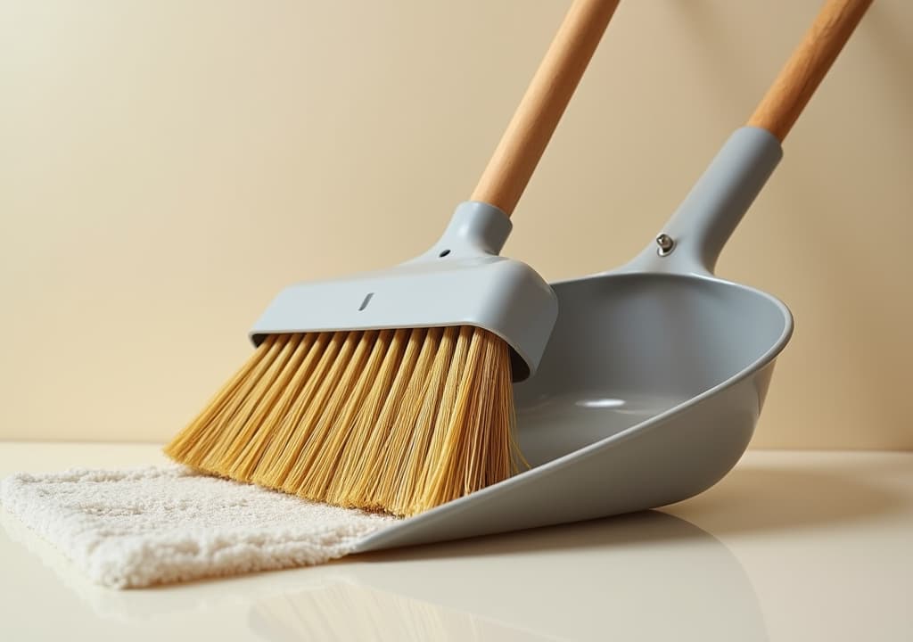  good quality, high quality, close up of a broom and dustpan set. essential housekeeping tools for efficient cleaning tasks, highlighting practicality and functionality in daily home maintenance