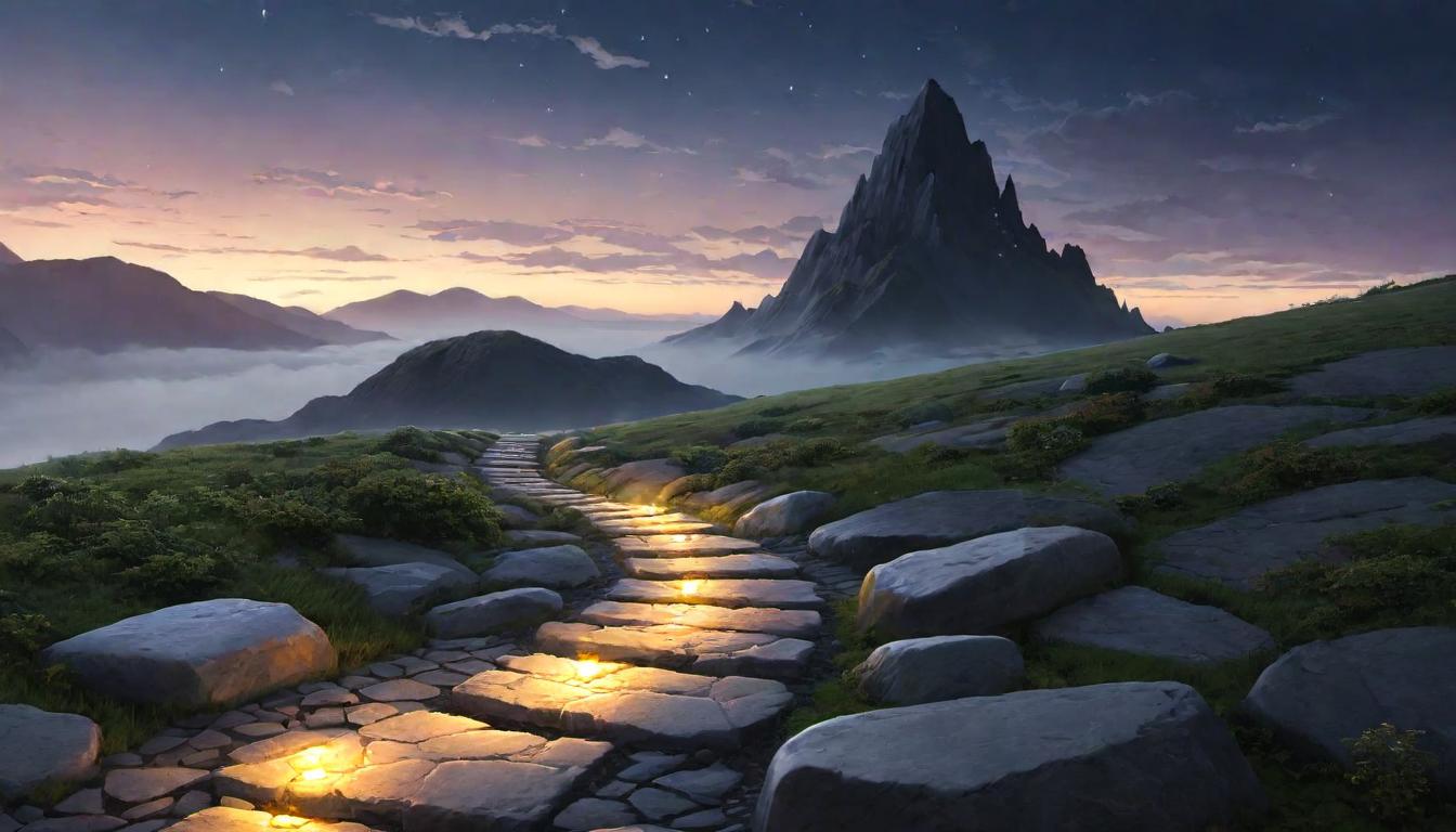  digital illustration, A pathway aglow with luminous stones beneath a dusky sky, faint shadows stretching across the ground, Path bordered by ethereal light, embodies guidance, serenity, steadfastness, looking at viewer, dynamic pose, (intricate details, masterpiece, best quality)