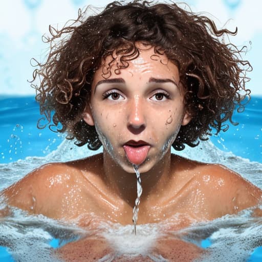  tanned woman with short and curly hair drowning in water water is up to her nose she's panic