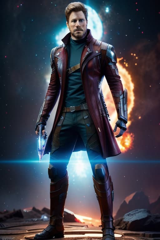  Guardians of the Galaxy, Star Lord hyperrealistic, full body, detailed clothing, highly detailed, cinematic lighting, stunningly beautiful, intricate, sharp focus, f/1. 8, 85mm, (centered image composition), (professionally color graded), ((bright soft diffused light)), volumetric fog, trending on instagram, trending on tumblr, HDR 4K, 8K