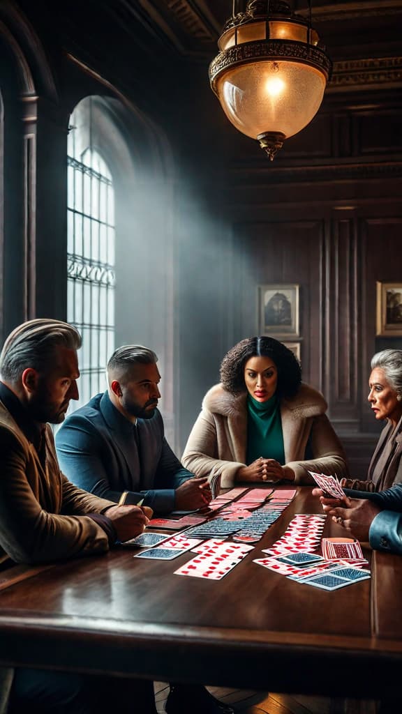  In the dimly lit room, a group of strangers is gathered around a table, each holding a set of cards. Their tense expressions reveal a combination of determination and nervousness as they tentatively wait for the next move. hyperrealistic, full body, detailed clothing, highly detailed, cinematic lighting, stunningly beautiful, intricate, sharp focus, f/1. 8, 85mm, (centered image composition), (professionally color graded), ((bright soft diffused light)), volumetric fog, trending on instagram, trending on tumblr, HDR 4K, 8K