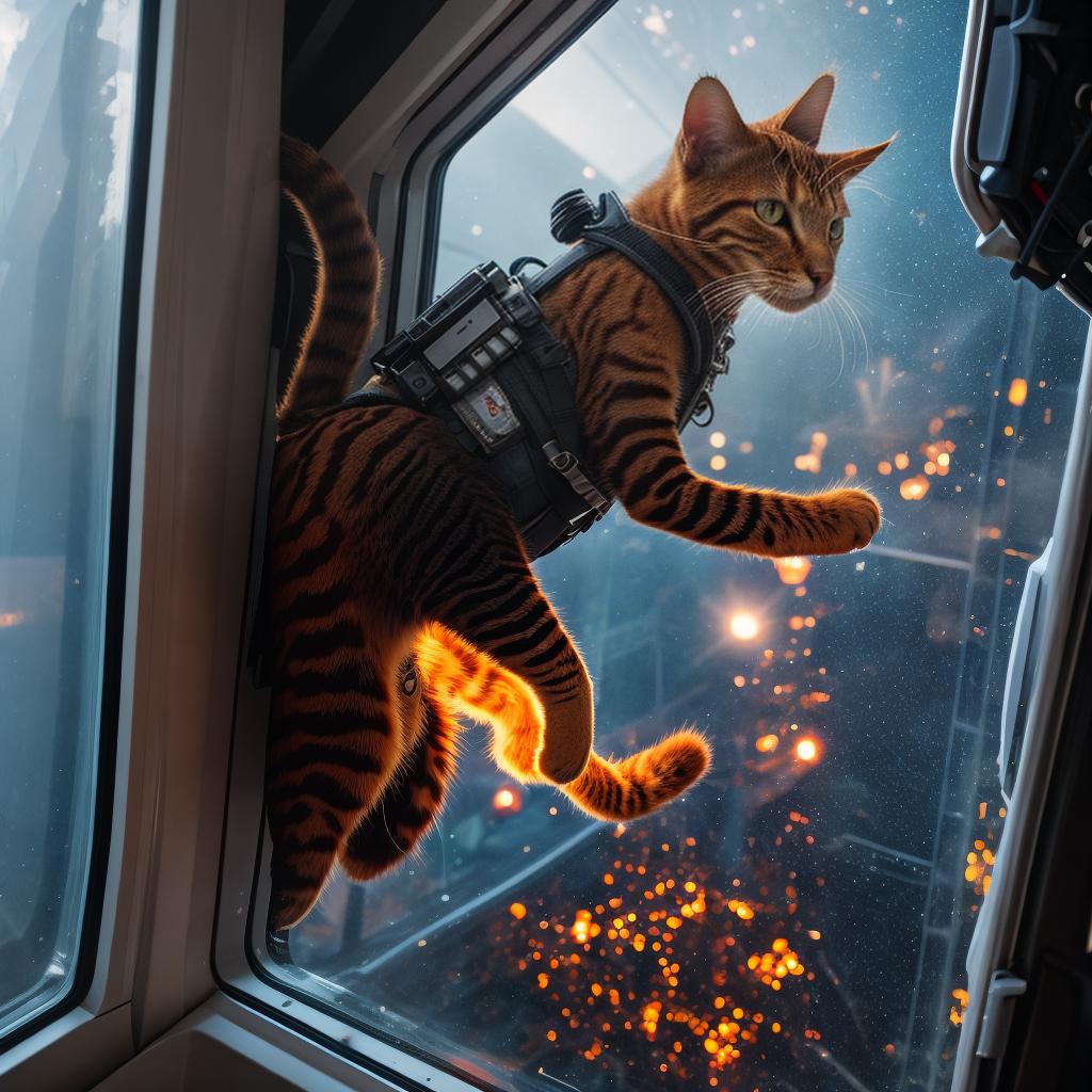  (fire) (cat:1.5),(domestic cat features:1.0), (sharp eyes), (wearing a space helmet), (other exploration gear), (surprise and excitement:1.0), (expression of amazement), (spaceship interior:1.0), (windows showing the starry sky), (viewing the vast and boundless space), (stars scattered across the cosmos through the windows) hyperrealistic, full body, detailed clothing, highly detailed, cinematic lighting, stunningly beautiful, intricate, sharp focus, f/1. 8, 85mm, (centered image composition), (professionally color graded), ((bright soft diffused light)), volumetric fog, trending on instagram, trending on tumblr, HDR 4K, 8K