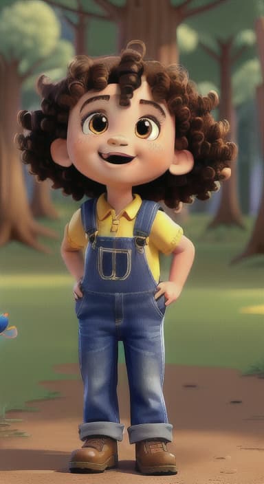  {Riley looking up at the tree with a big smile, animals surrounding them., Riley, a curious with big brown eyes and curly hair, wearing overalls and carrying a small backpack. Their friend, Skye, a bluebird with shiny feathers.