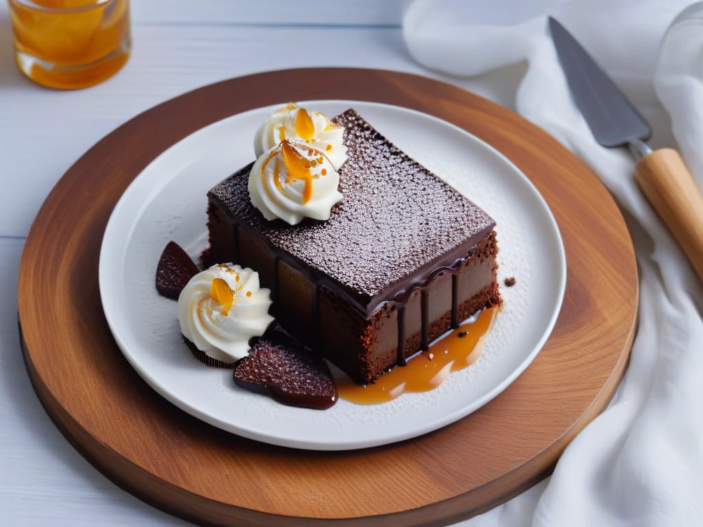  A visually striking and minimalist image of a perfectly balanced dessert plate, featuring a harmonious mix of sweet and savory elements such as a delicate salted caramel drizzle over a decadent chocolate cake slice, paired with a scoop of creamy vanilla ice cream topped with a sprinkle of sea salt crystals. The plate is elegantly arranged on a sleek, modern surface with soft natural lighting enhancing the textures and colors of the dessert components, showcasing the artistry and precision required in achieving the ideal sweetsavory balance in modern pastry creations. hyperrealistic, full body, detailed clothing, highly detailed, cinematic lighting, stunningly beautiful, intricate, sharp focus, f/1. 8, 85mm, (centered image composition), (professionally color graded), ((bright soft diffused light)), volumetric fog, trending on instagram, trending on tumblr, HDR 4K, 8K