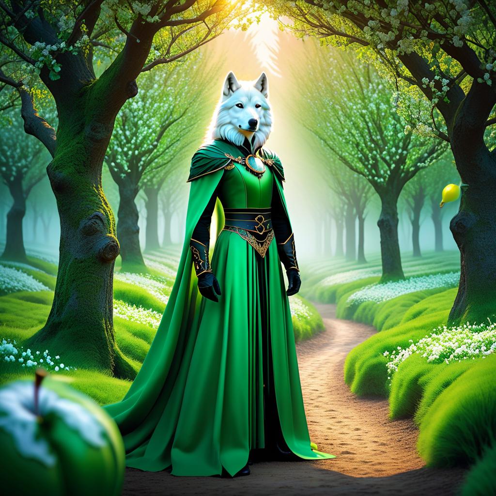  ethereal fantasy concept art of (Background): an apple orchard. He did not immediately realise that there was no more snow under his paws, only soft grass. Leaves on the recently bare trees turned green, and it became clear that this was not a forest at all, but a marvellous apple orchard. A white wolf shifter with green eyes and a black nose in a marvellous apple orchard. Style:fantasy . magnificent, celestial, ethereal, painterly, epic, majestic, magical, fantasy art, cover art, dreamy hyperrealistic, full body, detailed clothing, highly detailed, cinematic lighting, stunningly beautiful, intricate, sharp focus, f/1. 8, 85mm, (centered image composition), (professionally color graded), ((bright soft diffused light)), volumetric fog, trending on instagram, trending on tumblr, HDR 4K, 8K