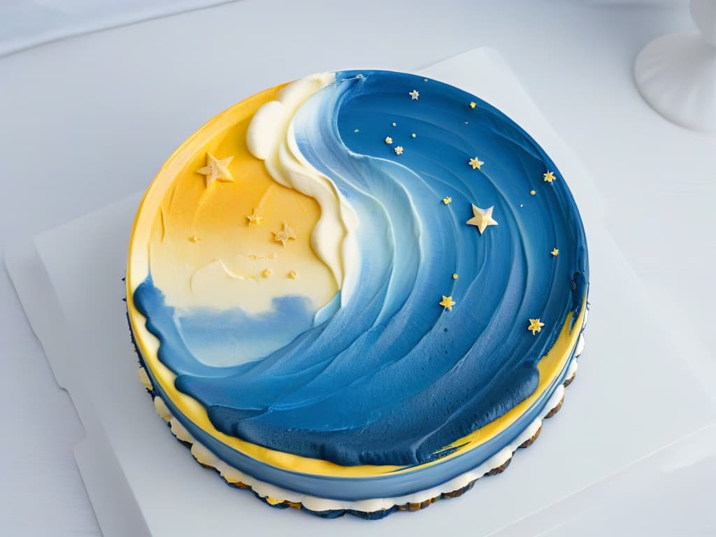  A highresolution image of a minimalist dessert plate inspired by Vincent van Gogh's "Starry Night," featuring a delicate swirl of blue and yellow buttercream to mimic the swirling night sky, with tiny edible stars sprinkled on top. The plate is set against a clean, white background to emphasize the artistry and creativity behind the dessert. hyperrealistic, full body, detailed clothing, highly detailed, cinematic lighting, stunningly beautiful, intricate, sharp focus, f/1. 8, 85mm, (centered image composition), (professionally color graded), ((bright soft diffused light)), volumetric fog, trending on instagram, trending on tumblr, HDR 4K, 8K