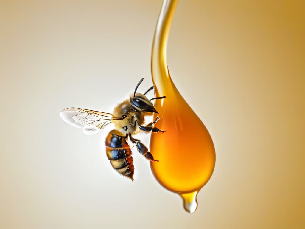  An ultradetailed closeup image of a golden, viscous drop of melipona bee honey suspended midair, glistening under a soft, diffused light. The drop is perfectly spherical, showcasing intricate swirls and patterns within its translucent depths. The background is a gradient of warm hues, enhancing the richness of the honey's color, with tiny, outoffocus silhouettes of bees buzzing around in the distance, adding a touch of movement and life to the serene composition. hyperrealistic, full body, detailed clothing, highly detailed, cinematic lighting, stunningly beautiful, intricate, sharp focus, f/1. 8, 85mm, (centered image composition), (professionally color graded), ((bright soft diffused light)), volumetric fog, trending on instagram, trending on tumblr, HDR 4K, 8K