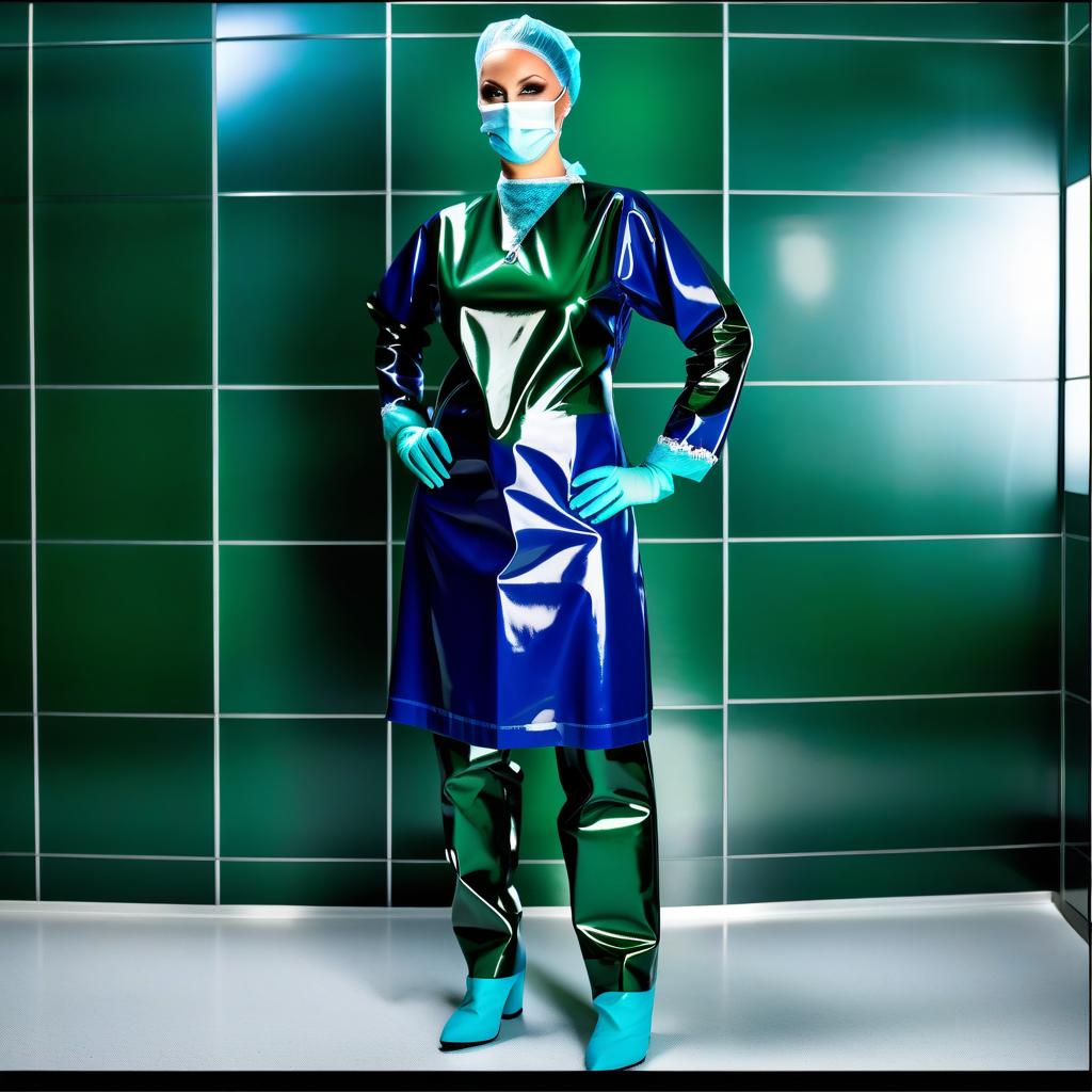  (Highly detailed), standing alone in a changing room in an operating theater before a tiled wall, no one else is present Detailed description: (The colors and details of the surgical costume are only available in a two tone version: Glossy latex, dark green and dark blue, no other colors are available) Surgical attire: (A dazzling latex surgical gown with a straight cut, waist length, fastened behind with belts and lace all along the surgical gown) A designer surgical gown of waist length, with an elastic belt, made of two tone glossy latex dark green and dark blue 1.3) (The top part of the surgical gown: 1.3), (from the collar to the waist: 1.2), (covered in glossy dark green latex: 1.1) and (the lower part of the surgical gown: 1.3), (f hyperrealistic, full body, detailed clothing, highly detailed, cinematic lighting, stunningly beautiful, intricate, sharp focus, f/1. 8, 85mm, (centered image composition), (professionally color graded), ((bright soft diffused light)), volumetric fog, trending on instagram, trending on tumblr, HDR 4K, 8K