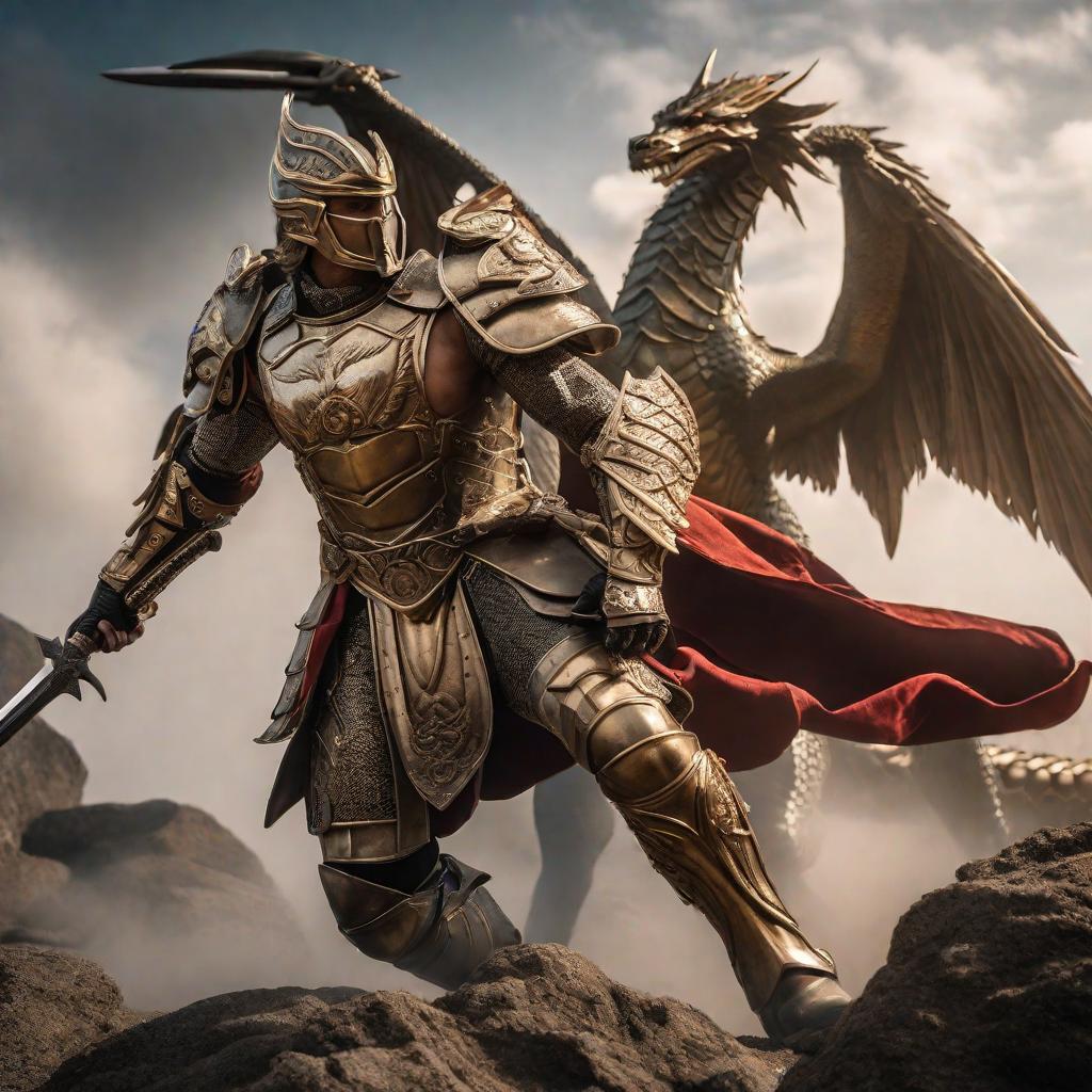  Eternal Combat: The Battle Between Archangel Michael and the Dragon hyperrealistic, full body, detailed clothing, highly detailed, cinematic lighting, stunningly beautiful, intricate, sharp focus, f/1. 8, 85mm, (centered image composition), (professionally color graded), ((bright soft diffused light)), volumetric fog, trending on instagram, trending on tumblr, HDR 4K, 8K