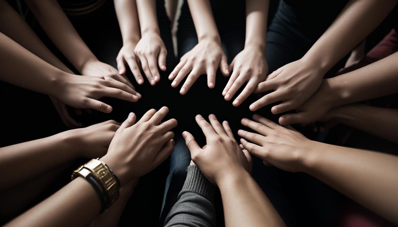  cinematic, aesthetic, Hands clasping together in unity, various hands forming a circle, symbolizing community and connection, diversity in hands, bonding, strong connections, harmonious circles, 4k, HDR, lens flare