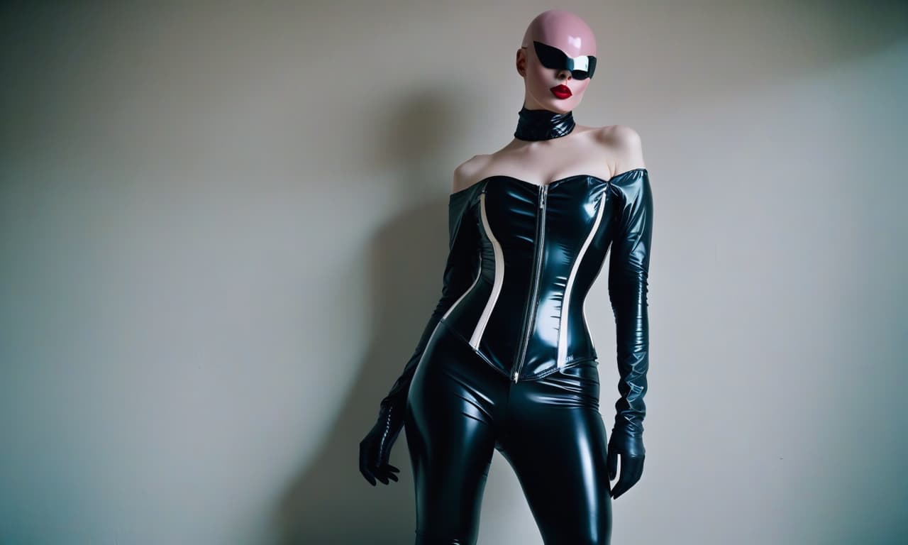  cinematic film still 4K, strict mistress, tall, pale skin, brightly colored eyes, plump rosy lips, standing by the wall. On her head, a tightly fitting latex mask, covering the entire head and face. On her hands, gloves. Her legs are visible in high heeled boots, a white corset, (dark frame: 1.17), epic realism, dull, (neutral colors), artistic, (hdr: 1.5), (muted colors: 1.2), with increased detailing, (artstation: 1.5), cinematic, warm light, dramatic light, (complex details: 1.1), complex background, (Rutkovsky: 0.8), (azure and orange: 0.4), Detailing, (complex details), HDR, (complex details, highly detailed). . shallow depth of field, vignette, highly detailed, high budget, bokeh, cinemascope, moody, epic, gorgeous, film grain, grain hyperrealistic, full body, detailed clothing, highly detailed, cinematic lighting, stunningly beautiful, intricate, sharp focus, f/1. 8, 85mm, (centered image composition), (professionally color graded), ((bright soft diffused light)), volumetric fog, trending on instagram, trending on tumblr, HDR 4K, 8K