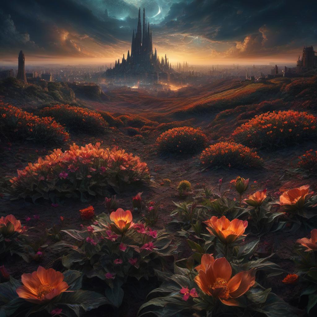  (stylized by Tomasz Alen Kopera:1.3) , dark art, dense flower field and Perseid meteor in background, landscape of a (Barcelona:1.2) , very Bizarre and 1600'S, Hurricane, Glitchcore, Amaro, layered textures, ornate, intricate artistic color, complimentary colors, very inspirational, atmosphere, fine artistic composition, sunny, theatrical hyperrealistic, full body, detailed clothing, highly detailed, cinematic lighting, stunningly beautiful, intricate, sharp focus, f/1. 8, 85mm, (centered image composition), (professionally color graded), ((bright soft diffused light)), volumetric fog, trending on instagram, trending on tumblr, HDR 4K, 8K