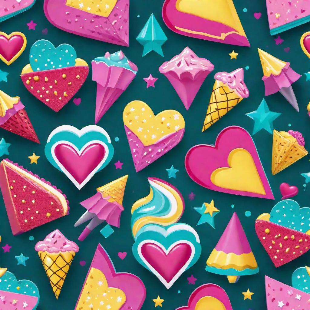  A vint pop art style pattern designed for age s, featuring bold, bright colors such as pink, teal, yellow, and purple. Incorporate fun and trendy elements like hearts, stars, lips, lightning bolts, and cute emojis. The pattern should have an energetic and vibe that would appeal to young, trendy customers. hyperrealistic, full body, detailed clothing, highly detailed, cinematic lighting, stunningly beautiful, intricate, sharp focus, f/1. 8, 85mm, (centered image composition), (professionally color graded), ((bright soft diffused light)), volumetric fog, trending on instagram, trending on tumblr, HDR 4K, 8K