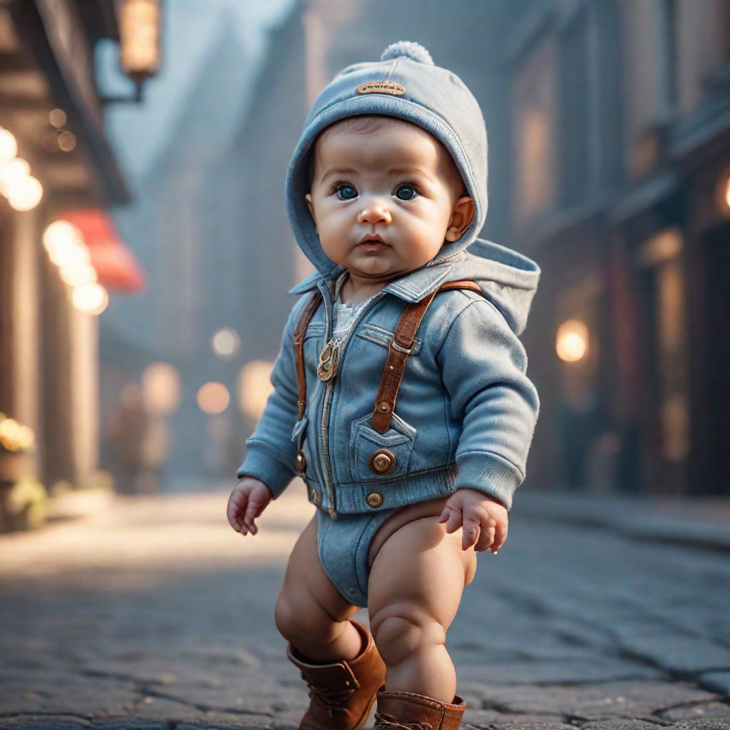  a cute baby hyperrealistic, full body, detailed clothing, highly detailed, cinematic lighting, stunningly beautiful, intricate, sharp focus, f/1. 8, 85mm, (centered image composition), (professionally color graded), ((bright soft diffused light)), volumetric fog, trending on instagram, trending on tumblr, HDR 4K, 8K