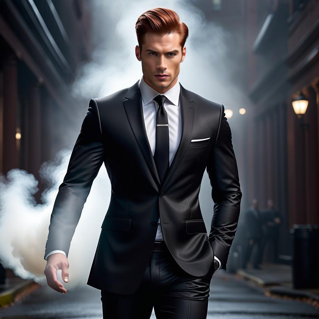  A young man with reddish brown hair in a ponytail and a black suit. hyperrealistic, full body, detailed clothing, highly detailed, cinematic lighting, stunningly beautiful, intricate, sharp focus, f/1. 8, 85mm, (centered image composition), (professionally color graded), ((bright soft diffused light)), volumetric fog, trending on instagram, trending on tumblr, HDR 4K, 8K