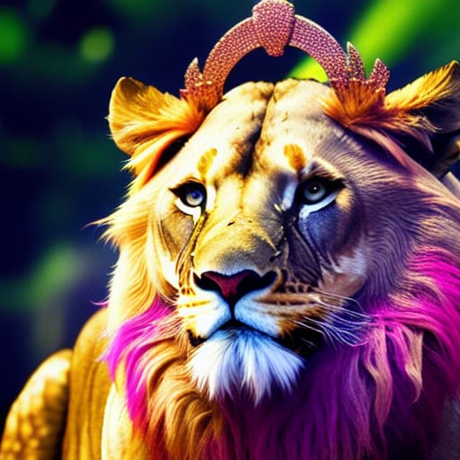  lion crown king Tropical Paradise, Vivid Color Vibrancy, Ethereal Elegance hyperrealistic, full body, detailed clothing, highly detailed, cinematic lighting, stunningly beautiful, intricate, sharp focus, f/1. 8, 85mm, (centered image composition), (professionally color graded), ((bright soft diffused light)), volumetric fog, trending on instagram, trending on tumblr, HDR 4K, 8K