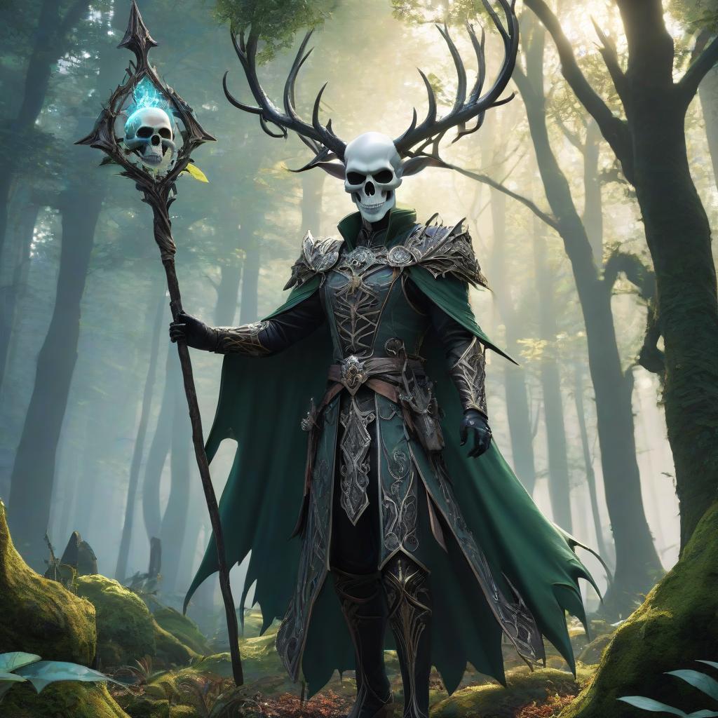  anime artwork A magician in the middle of an elven forest with a skull shaped staff . anime style, key visual, vibrant, studio anime, highly detailed hyperrealistic, full body, detailed clothing, highly detailed, cinematic lighting, stunningly beautiful, intricate, sharp focus, f/1. 8, 85mm, (centered image composition), (professionally color graded), ((bright soft diffused light)), volumetric fog, trending on instagram, trending on tumblr, HDR 4K, 8K