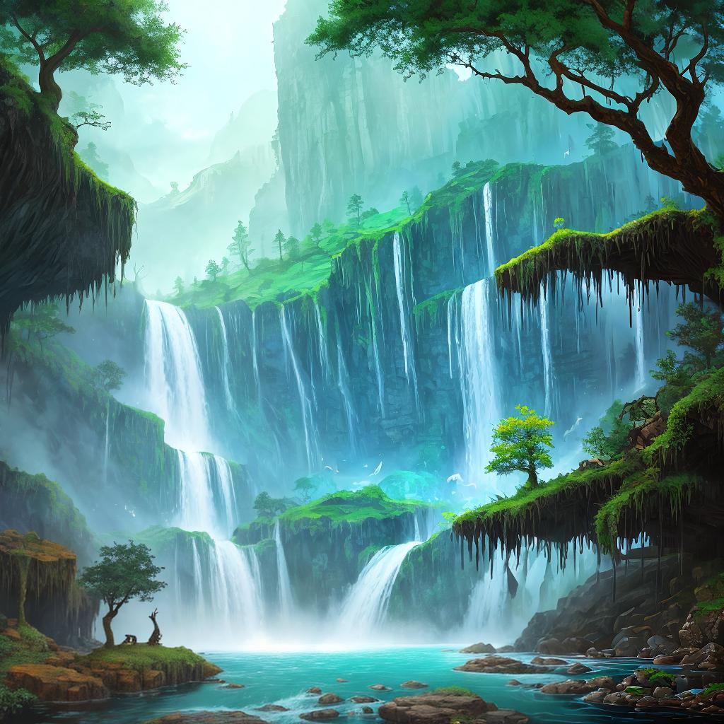  in a fantasy setting, Paint a surreal landscape where mythical beasts roam amidst cascading waterfalls.