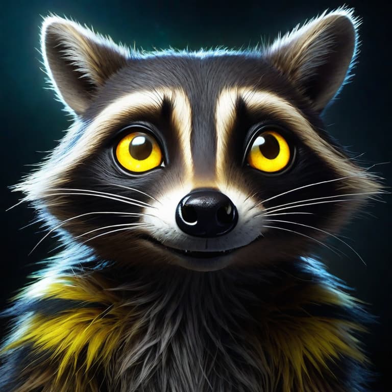  Subject Detail: The image depicts a fascinating creature, an extraordinary fusion between an alien and a raccoon. The creature possesses a mischievous smirk, as if it knows a secret that no one else does. Its eyes are a captivating shade of glowing yellow, piercing through the darkness with an otherworldly intensity. The body of the creature is adorned in a vibrant shade of fluorescent green, radiating an otherworldly glow.

Medium: This artwork would be ideally suited for a digital art medium, allowing for intricate details and vibrant colors.

Art Style: The desired art style for this image would be a blend of surrealism and pop art, combining the fantastical elements of the alien with the bold and vivid aesthetic of pop art.

Image Type: