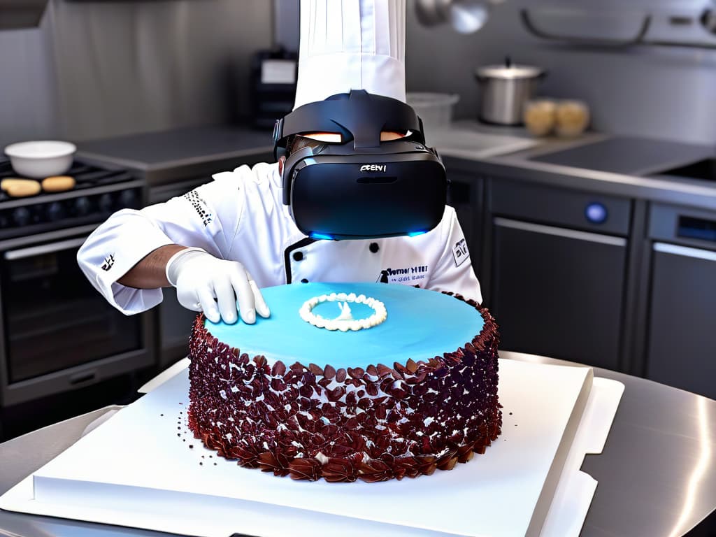  A closeup, highresolution image of a chef's hands wearing virtual reality gloves, skillfully decorating a detailed virtual cake in a sleek, futuristic kitchen environment. The focus is on the intricate details of the virtual cake design being created, showcasing the seamless integration of technology and culinary artistry in a visually striking and minimalist composition. hyperrealistic, full body, detailed clothing, highly detailed, cinematic lighting, stunningly beautiful, intricate, sharp focus, f/1. 8, 85mm, (centered image composition), (professionally color graded), ((bright soft diffused light)), volumetric fog, trending on instagram, trending on tumblr, HDR 4K, 8K