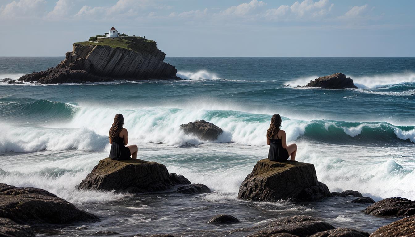  digital illustration, A figure sitting on a rocky shore, waves crashing gently, gaze fixed on the horizon, solitude, contentment, natural power, looking at viewer, dynamic pose, (intricate details, masterpiece, best quality)