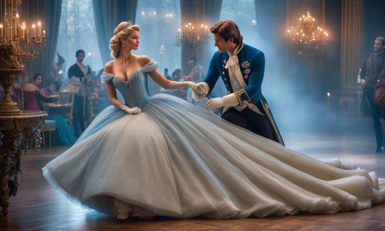  Cinderella met the prince at the ball hyperrealistic, full body, detailed clothing, highly detailed, cinematic lighting, stunningly beautiful, intricate, sharp focus, f/1. 8, 85mm, (centered image composition), (professionally color graded), ((bright soft diffused light)), volumetric fog, trending on instagram, trending on tumblr, HDR 4K, 8K