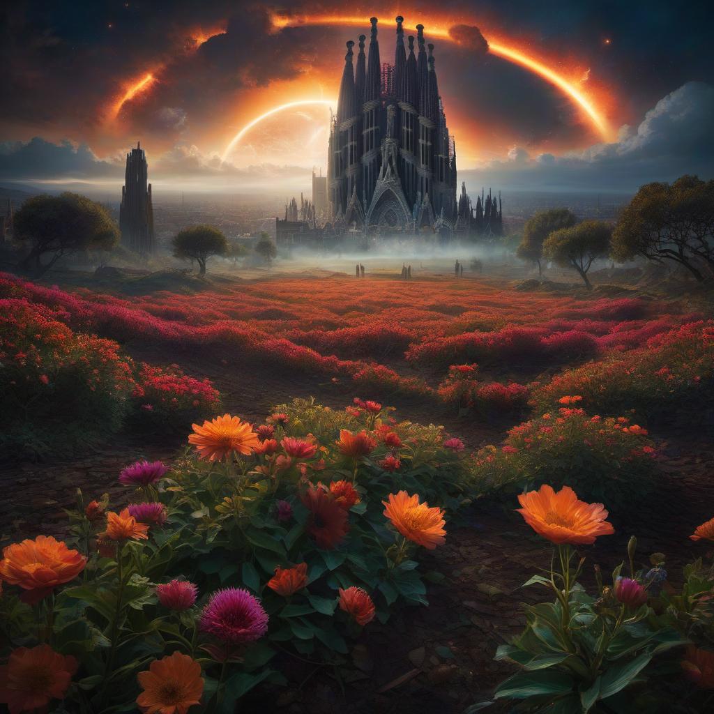  (stylized by Tomasz Alen Kopera:1.3) , dark art, dense flower field and Perseid meteor in background, landscape of a (Barcelona:1.2) , very Bizarre and 1600'S, Hurricane, Glitchcore, Amaro, layered textures, ornate, intricate artistic color, complimentary colors, very inspirational, atmosphere, fine artistic composition, sunny, theatrical hyperrealistic, full body, detailed clothing, highly detailed, cinematic lighting, stunningly beautiful, intricate, sharp focus, f/1. 8, 85mm, (centered image composition), (professionally color graded), ((bright soft diffused light)), volumetric fog, trending on instagram, trending on tumblr, HDR 4K, 8K