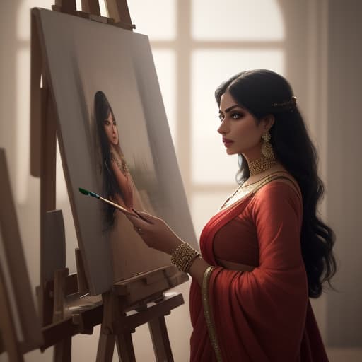  a Bengali saree wearing girl painting in an easel hyperrealistic, full body, detailed clothing, highly detailed, cinematic lighting, stunningly beautiful, intricate, sharp focus, f/1. 8, 85mm, (centered image composition), (professionally color graded), ((bright soft diffused light)), volumetric fog, trending on instagram, trending on tumblr, HDR 4K, 8K
