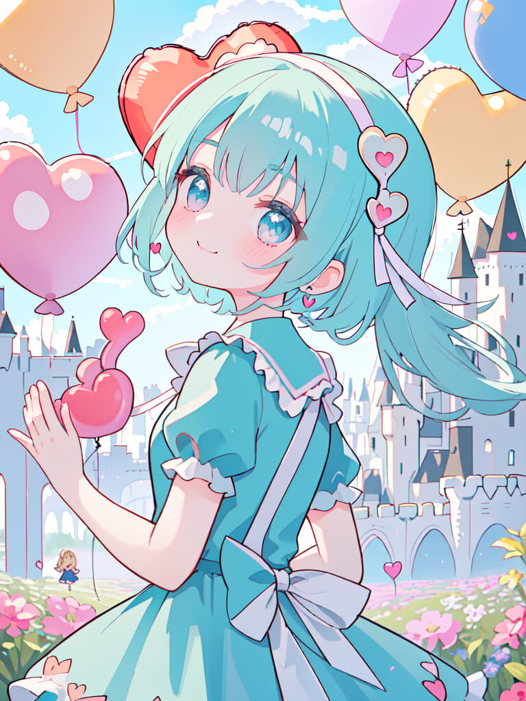  ultra detailed:1.2,masterpiece:1.2,best quality,masterpiece,bestquality,hdr:1.1,8k:1.1,very cute girl:1.3,(old castle:1.2),heart shaped balloon:1.3,(holding heart shaped balloon:1.3),candy stripe dress:1.3,looking back:1.3,ribbon headband:1.3,head tilt:1.4,waving hand:1.3,seductive smile:1.4,upper body:1.1, masterpiece, best quality,8k,ultra detailed,high resolution,an extremely delicate and beautiful,hyper detail