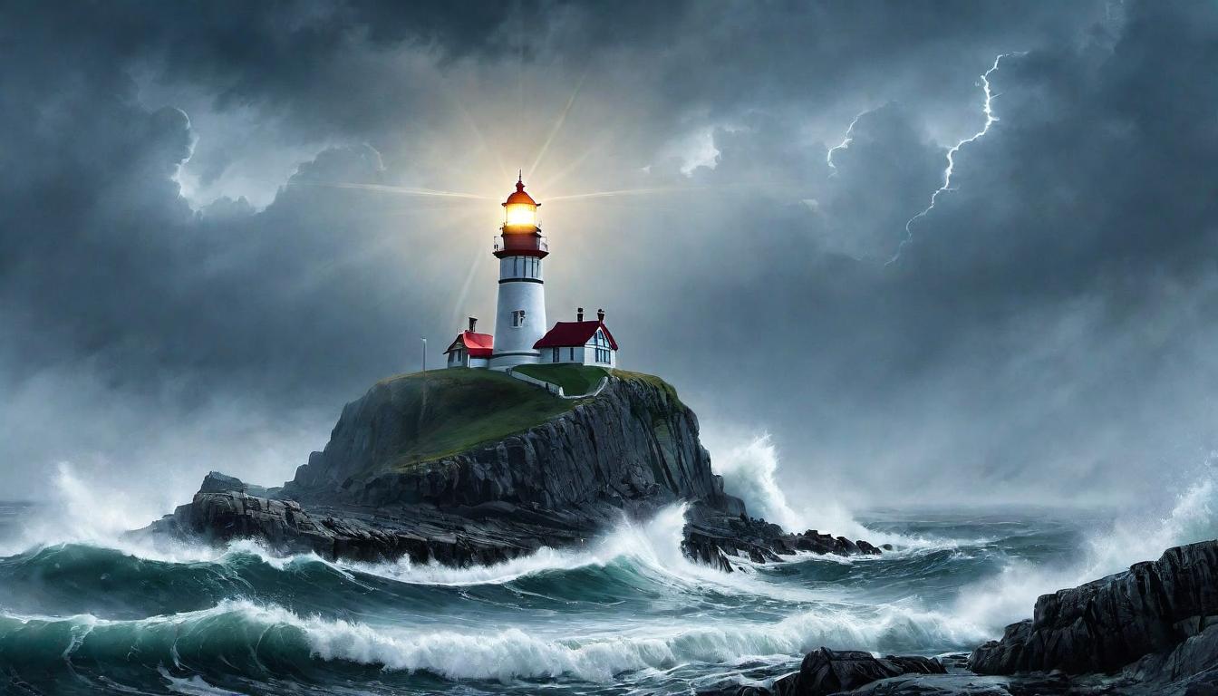  （surrealism)A grand lighthouse, standing resilient on a rocky shore, light beam piercing through a dense fog, symbol of guidance, hope and strength, towering above turbulent waves, intricate masonry, weathered but unyielding, steadfast beacon mystic, intricate details, best quality)