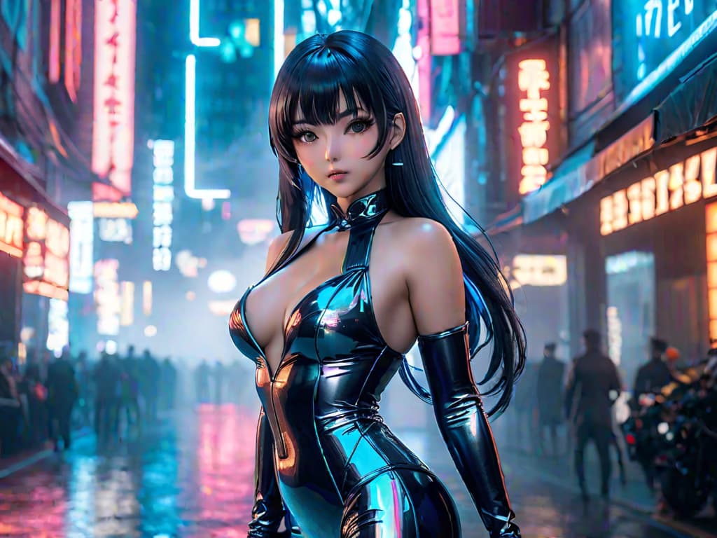  image: masterpiece, high quality, (ity), ((())), realistic anime (professionally color graded), detailed clothing, highly detailed, cinematic lighting, stunningly beautiful, 8k, 4k, HD, ((1: beautiful asian)), slim waist, slim build, 2 huge fake s, normal hips, medium sized round , fit, tanned, long dark neon hair, view: dynanic view, location: in a holographic cyber matrix clothing: silky, shiny, cyber , transparent evening gown, half pose: Hey ;) hyperrealistic, full body, detailed clothing, highly detailed, cinematic lighting, stunningly beautiful, intricate, sharp focus, f/1. 8, 85mm, (centered image composition), (professionally color graded), ((bright soft diffused light)), volumetric fog, trending on instagram, trending on tumblr, HDR 4K, 8K