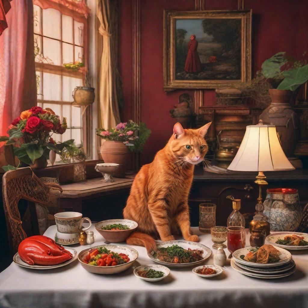  A shabby poorly lit room, a red cat the size of a man and three untidy men are sitting at a table. There are plates of borscht on the table, and a stuffed crocodile hangs above the table. hyperrealistic, full body, detailed clothing, highly detailed, cinematic lighting, stunningly beautiful, intricate, sharp focus, f/1. 8, 85mm, (centered image composition), (professionally color graded), ((bright soft diffused light)), volumetric fog, trending on instagram, trending on tumblr, HDR 4K, 8K