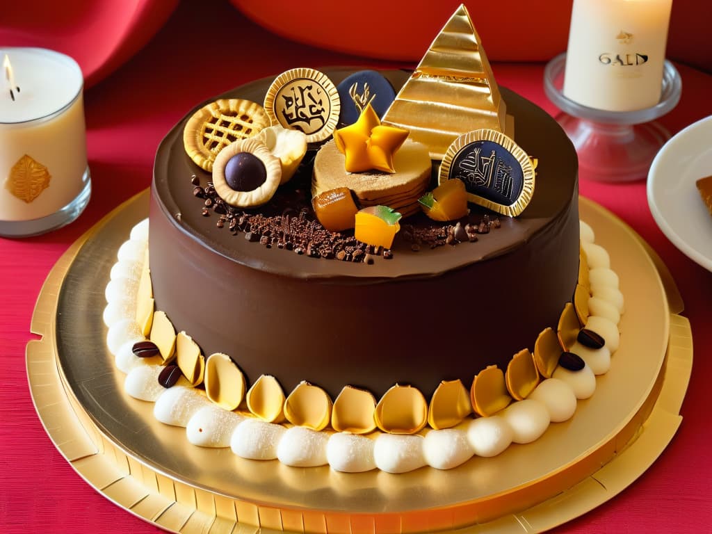  An ultradetailed, minimalist illustration showcasing a decadent Egyptianinspired dessert platter with intricate hieroglyphic patterns adorning the edges of golden plates. The centerpiece is a lavish pyramidshaped chocolate cake covered in edible gold leaf, surrounded by delicate honeydrizzled baklava, figfilled pastries, and datestuffed cookies. Each dessert is meticulously garnished with edible gold flakes and adorned with miniature sugar sculptures of iconic Egyptian symbols like the Eye of Horus and scarab beetles. The background is a subtle desert landscape with palm trees silhouetted against a setting sun, evoking the mystique of ancient Egypt. hyperrealistic, full body, detailed clothing, highly detailed, cinematic lighting, stunningly beautiful, intricate, sharp focus, f/1. 8, 85mm, (centered image composition), (professionally color graded), ((bright soft diffused light)), volumetric fog, trending on instagram, trending on tumblr, HDR 4K, 8K