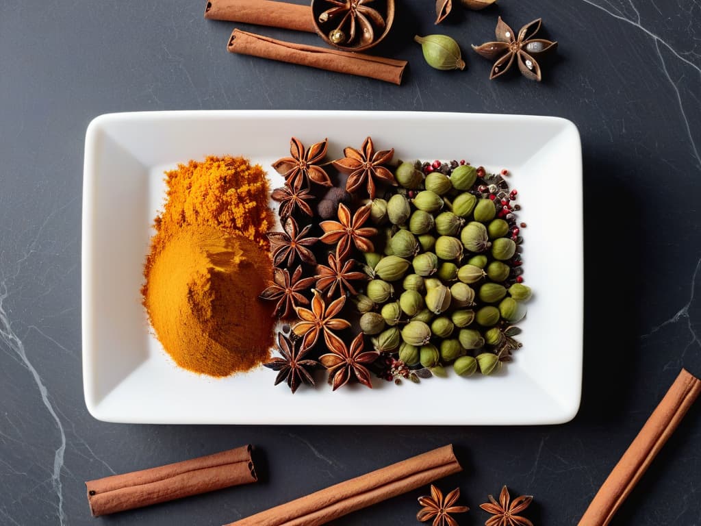  An intricately arranged flat lay image showcasing a variety of vibrant and aromatic spices like cinnamon sticks, star anise, cardamom pods, and whole cloves, elegantly placed on a sleek, modern marble countertop. The spices are artfully arranged in a harmonious pattern, with soft natural light casting gentle shadows, highlighting the textures and colors of each spice. The composition exudes a sense of sophistication and elegance, perfectly capturing the essence of elevating dessert flavors through the use of carefully selected spices. hyperrealistic, full body, detailed clothing, highly detailed, cinematic lighting, stunningly beautiful, intricate, sharp focus, f/1. 8, 85mm, (centered image composition), (professionally color graded), ((bright soft diffused light)), volumetric fog, trending on instagram, trending on tumblr, HDR 4K, 8K