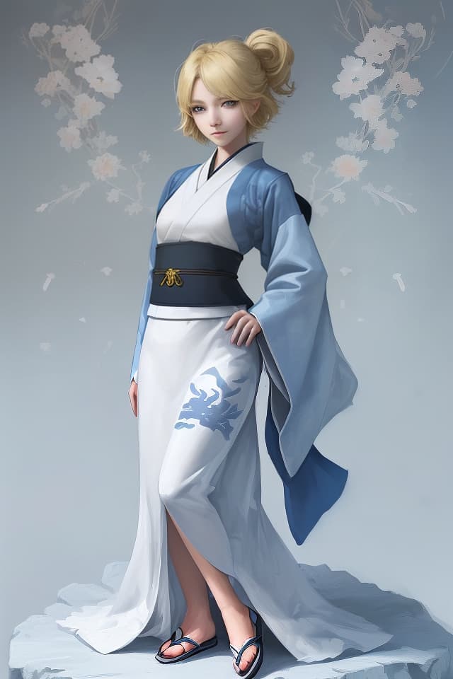  A high quality digital illustration of a cute young woman with the following features: hair color: blonde,hairstyle: short hair,eye color: navy blue,facial expression: smirking,gender: female,clothing: a white kimono,standing at attention (kiotsuke) with arms straight at her sides,facing directly forward,perfectly symmetrical front view,standing position,the overall aesthetic should emphasize her cuteness,the illustration should be detailed and high resolution.