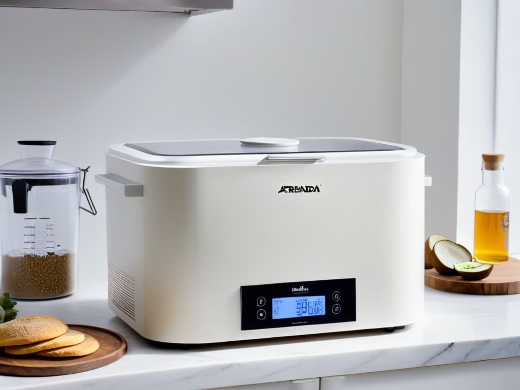  A modern, sleek fermentadora para panadería artesanal displayed in a pristine white kitchen setting, with a soft glow of natural light highlighting its elegant design. The fermentadora features a digital display showing the precise temperature and humidity controls, while a batch of beautifully risen dough sits inside, ready for baking. The overall aesthetic is clean, minimalist, and exudes a sense of precision and sophistication, perfectly complementing the professional and inspiring tone of the article. hyperrealistic, full body, detailed clothing, highly detailed, cinematic lighting, stunningly beautiful, intricate, sharp focus, f/1. 8, 85mm, (centered image composition), (professionally color graded), ((bright soft diffused light)), volumetric fog, trending on instagram, trending on tumblr, HDR 4K, 8K