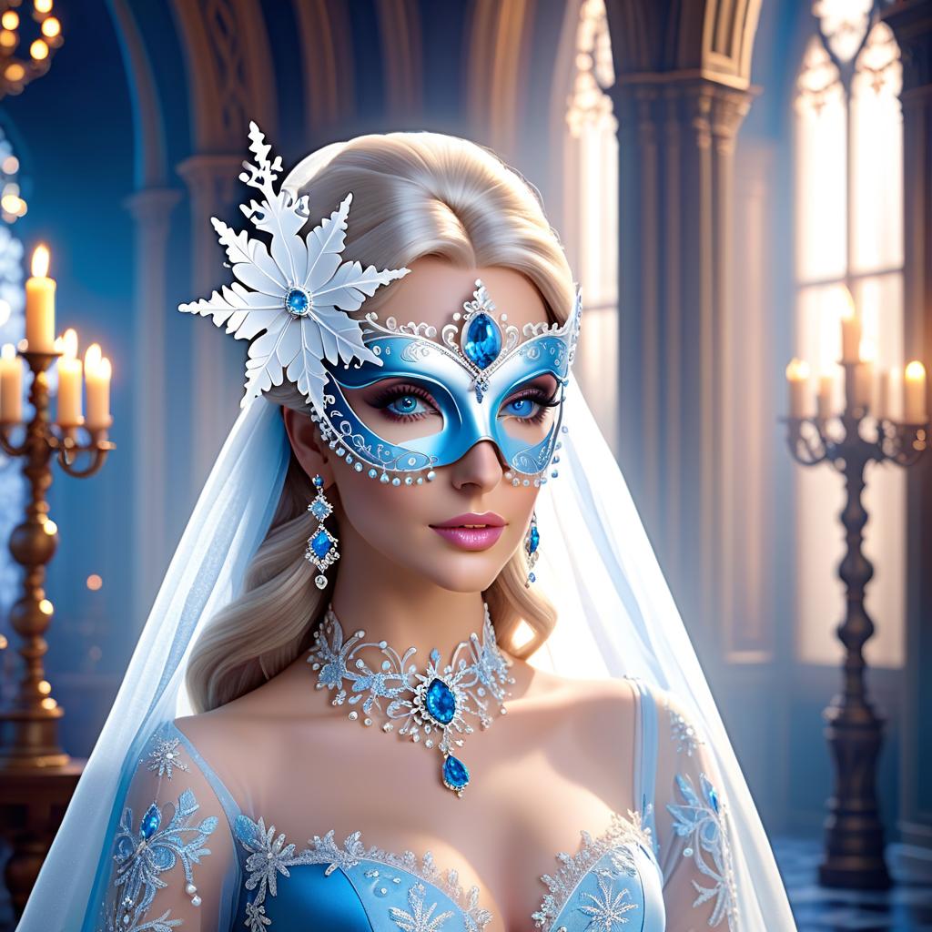  ethereal fantasy concept art of (Ballroom interior: Renaissance, Baroque style). (Floor and walls):decorated with snowy intricate pattern of blue, white, silver snowflakes. The windows have openwork curtains of hoarfrost. (Candleholders made of ice crystals). The candles are white and blue in colour. (Snow Queen) Dressed in a domino style dress of silver blue colour. There are snowflakes circling around her in pairs. (Half mask Columbine) A mask covering only part of the face. Mask decorations: with snowflake pattern, colour: white, blue, pearl and cream, jewels, Venetian lace, rhinestones, beads. . magnificent, celestial, ethereal, painterly, epic, majestic, magical, fantasy art, cover art, dreamy hyperrealistic, full body, detailed clothing, highly detailed, cinematic lighting, stunningly beautiful, intricate, sharp focus, f/1. 8, 85mm, (centered image composition), (professionally color graded), ((bright soft diffused light)), volumetric fog, trending on instagram, trending on tumblr, HDR 4K, 8K